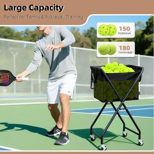 STORAGE MANIAC Foldable Tennis Ball Hopper Pickleball Bag Holds 150 Pickleballs or 180 Tennis Balls Collector Pickleball Retriever Pick Up Ball Basket Ball Caddy with Wheels Portable Training Cart