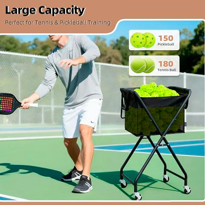STORAGE MANIAC Foldable Tennis Ball Hopper Pickleball Bag Holds 150 Pickleballs or 180 Tennis Balls Collector Pickleball Retriever Pick Up Ball Basket Ball Caddy with Wheels Portable Training Cart