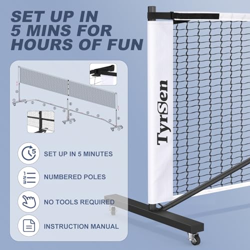 Portable Pickleball Net System on Wheels, 22FT Strong PE Net, Metal Frame, 1 Carry Bag, Driveway & Backyard