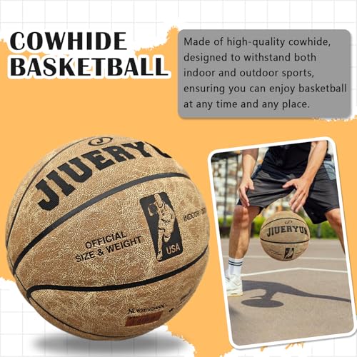 Professional Top-Grain Cowhide Basketball, Indoor Game Leather Ball for Competition & Training - color: Brown