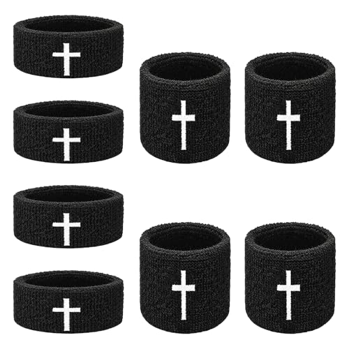 8 Pack Cross Embroidered Wrist Bands Bicep Bands Moisture Wicking, Machine Washable for Sports Stay Dry, Show Faith During Basketball, Football, Baseball, Gym, Running - color: Black