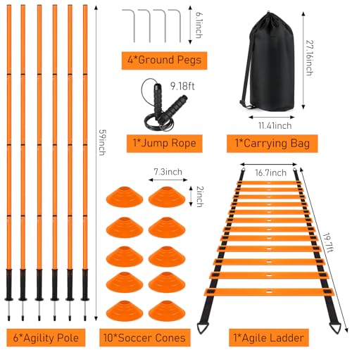 Soccer Agility Training Equipment: 6 Soccer Agility Poles, 20ft Agility Ladder, 10 Soccer Cones, 1 Jump Rope. Soccer Training Poles for Speed Training, Agility Training - color: orange