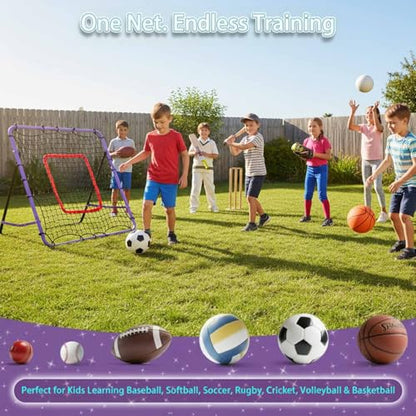 Soccer Rebounder Net, Adjustable Angle Multi-Sport Training Goal for Kids & Teens Ages 3+, Portable Backyard Practice Net with Lavender Frame & Red Target Grid