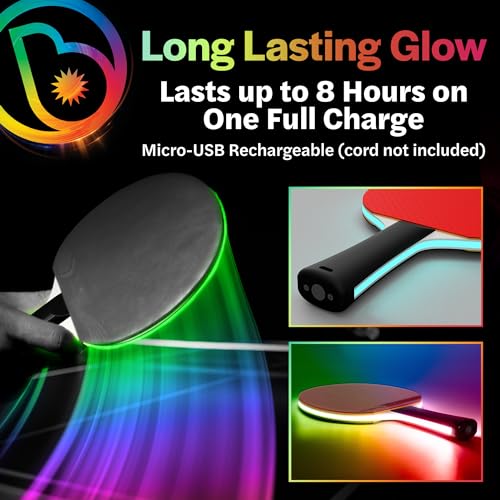Brightz PaddleBrightz LED Ping Pong Paddle - Electrifies Your Matches! - 6 Solid Color + Color Changing Modes - Premium Sponge & Rubber for Ultimate Control & Spin - Flared Handle for Improved Grip