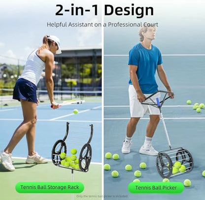 Automatic Tennis Ball Picker, 80 Balls Capacity, 2 in 1 Tennis Collector Basket with Adjustable Height, Rolling Ball Catcher with Handle, Portable Hopper for Gym Court, Club, School~/