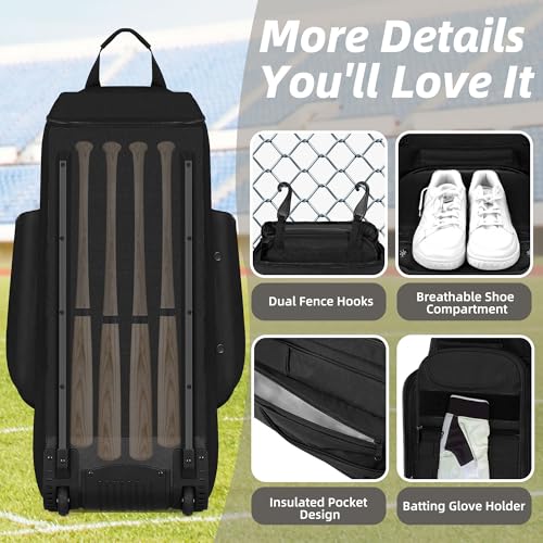Shopsource Catchers Gear Bag with Wheels, 99L Large Capacity Rolling Baseball Bag with Multi-Pockets, Sturdy Softball Bag with Sturdy Back Base Plate, 4 Bat Sleeves, Shoe Compartment, Fence Hooks