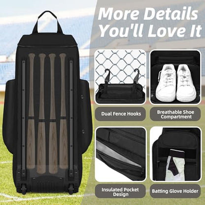 Shopsource Catchers Gear Bag with Wheels, 99L Large Capacity Rolling Baseball Bag with Multi-Pockets, Sturdy Softball Bag with Sturdy Back Base Plate, 4 Bat Sleeves, Shoe Compartment, Fence Hooks