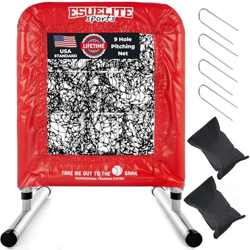 Heavy-Duty 9 Hole Pro Style Baseball & Softball Pitching Net with Strike Zone Target - Adjustable Portable Design - style: Red Pro
