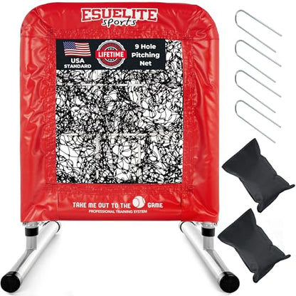 Heavy-Duty 9 Hole Pro Style Baseball & Softball Pitching Net with Strike Zone Target - Adjustable Portable Design - style: Red Pro
