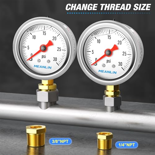 0~30Psi Stainless Steel 1/8" NPT 1.5" FACE DIAL, Glycerin Filled Pressure Gauge, Liquid Filled, Water Oil Air, Lower Mount, with 1/4" NPT and 3/8" NPT Hex Bushing - size: 0-30Psi