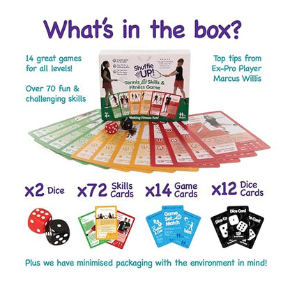 Shuffle Up Tennis Card Games - 70+ Fun & Active Skills Cards for Kids, Fitness Card Develop Fundamentals, Stamina & Strength, Easy to Play for Kids | Multiple Skill Level Cards Include 2 Dices - style: Tennis Card Games