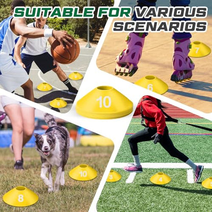 10 Pcs Numbered Sports Disc Cones 1-10 Soccer Cones with Mesh Carry Bag Flexible Agility Cones Soft Field Cones for Gym PE Classes School Activities Games, Sports Training Equipment - color: Yellow