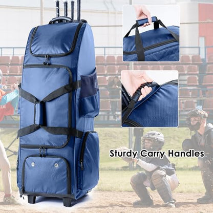 Upgraded Rolling Baseball Bag with Sturdy Hard Backing - Large Softball Bag with Wheels for 4 Bats, Large Team Equipment Duffle Bat Bag, Catcher Gear Bag for Boys 8-12, Youth, Adults