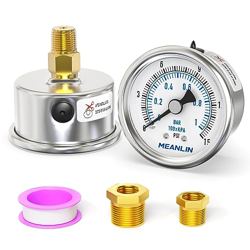 0~15Psi Dry Low Pressure Gauge Stainless Steel 1/4" NPT 2" FACE DIAL Waterproof for Water Oil Air Well Pump Tank Tire Pressure Test Back Mount, with 1/2" NPT and 3/8" NPT Hex Bushing - size: 0-15Psi
