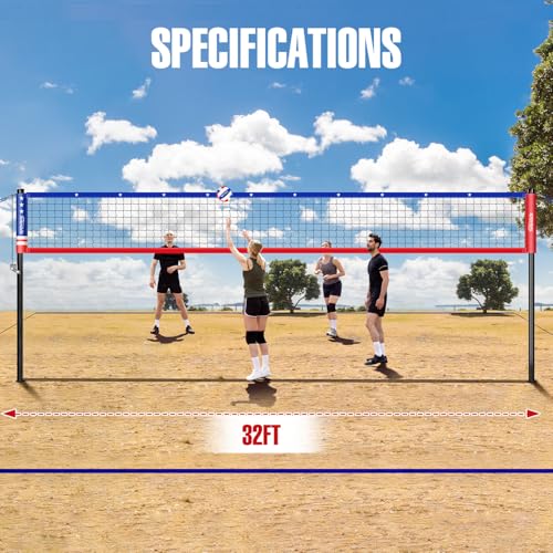 SPOYNAL Outdoor Portable Volleyball Net Set with Adjustable Height Steel Poles, Volleyball, Anti-sag Winch System, Pump, Boundary Line, and Carry Bag for Backyard, Beach, Lawn Red&Blue