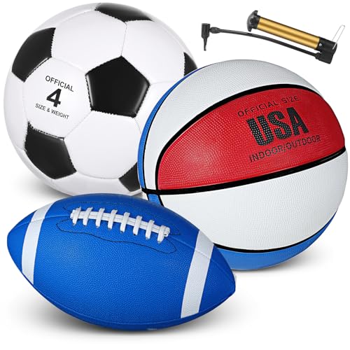 Libima 3 Pcs Sports Ball Set for Kids Teens Include Official Size Basketball Soccer Football with Pump and Carry Bag Training Practice Sport Back to School Gift - color: Blue, Red