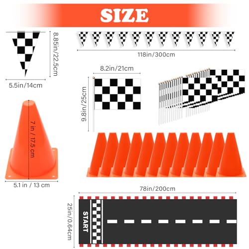 AHIER 38 Pcs Traffic Cones and Racing Flags Set - 12 Plastic Cones With Hole, 24 Checkered Flags With Sticks, 6.5Ft Racetrack Floor Runner and 9.8ft Race Track Banner