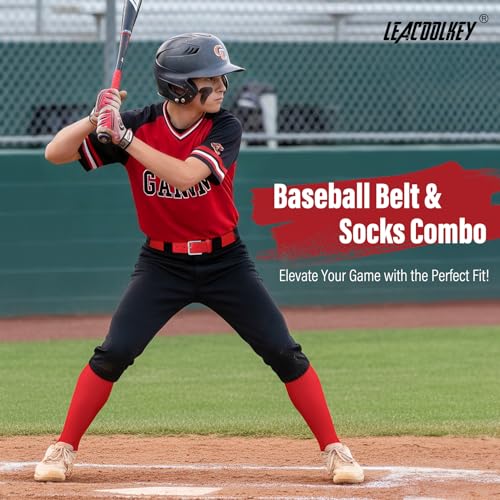 LEACOOLKEY Baseball Belt and Socks Combo Set Softball Soccer Socks and Elastic Belt for Youth and Adult - color: Red, size: Youth