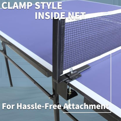 8×4FT Indoor/Outdoor Blue Table Tennis Table with Quick Clamp Ping Pong Net with Two Rackets and Three Balls，1 Net and 4 Wheels Set Behind It for Easy Movement，Foldable Single-Player Game