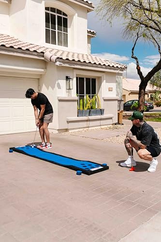 PutterBall Original Golf Putting Game Set – Backyard Putting Green Pong Style Golf Mat with 2 Putters, 2 Balls & Hole Covers - 9 ft - color: Blue