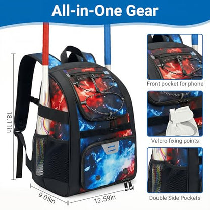 Youth Baseball Bag - Softball Bag for Girls & Boys with Shoes Compartment, Bat Backpack for Baseball, T-Ball & Softball Equipment - color: Lighting-Red Blue