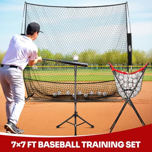 7×7FT Baseball Net with Batting Tee & Ball Caddy Holds 100+ Balls, Height Adjustable 27"-43" for All Players,Baseball & Softball Training Set for Hitting,Pitching,Included Carry Bag, 4 Ground Stakes