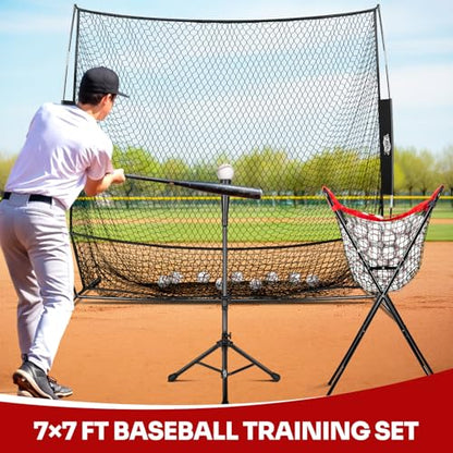 7×7FT Baseball Net with Batting Tee & Ball Caddy Holds 100+ Balls, Height Adjustable 27"-43" for All Players,Baseball & Softball Training Set for Hitting,Pitching,Included Carry Bag, 4 Ground Stakes