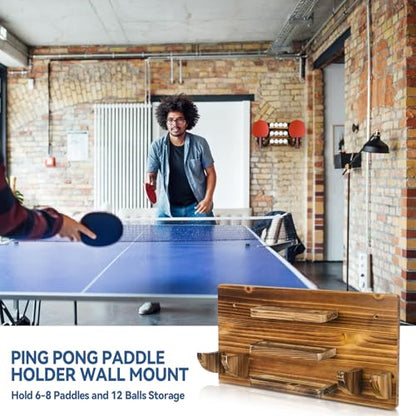 Ping Pong Paddle Holder, Wooden Ping Pong Paddle Holder Wall Mount Storage Rack Wall Mounted Wood Table Tennis Rack Holds 6 Paddles and 12 Balls