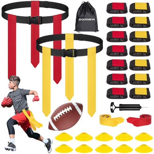 BORNEW Flag Football Set - 14/20 Player Adjustable Belts with Cones, Football, Pump, Bag, for Youth and Adults Training - color: 1.red Yellow With Black Pump, style: 14 Player Kit