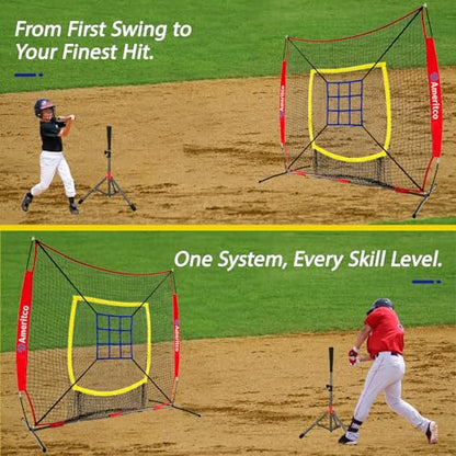 Baseball Net，7x7ft Baseball Practice Net with Tee and Target, Large Pocket Sports net for Hitting/Batting/Pitching/Throwing,Scratch Resistant Base, Versatile Use for All Levels - color: Red