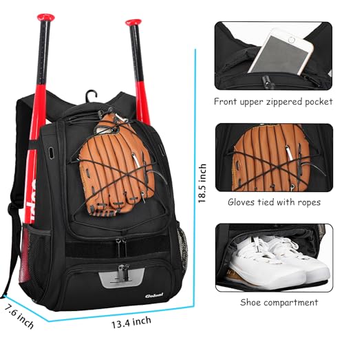 Goloni | Baseball Backpack,Baseball Bag for Adult,Softball Bat Bag with Shoes Compartment,Large Main Compartment for Helmet & accessories, Fence Hook - color: black