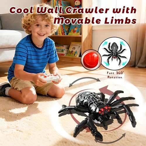 Wall Climbing Remote Control Spider, Rechargeable RC Wall Crawler Spider Robot with High Speed & 360° Rotation, Funny Prank Toys Gifts for Boys & Girls Age 3+ (Black) - style: black webbed spider