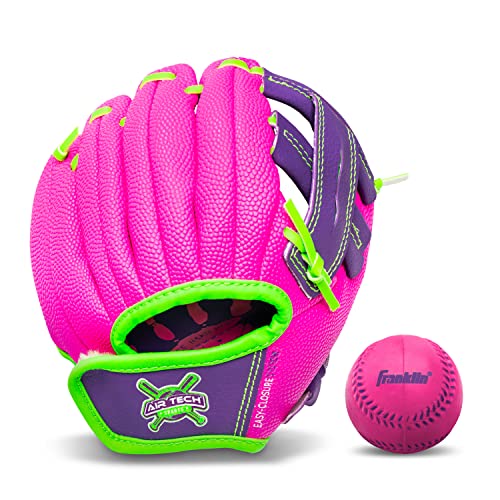 Franklin Sports Air Tech Baseball Glove with Ball - Tee Ball - Soft Air Tech Foam - color: Pink/Purple, size: 8.5"