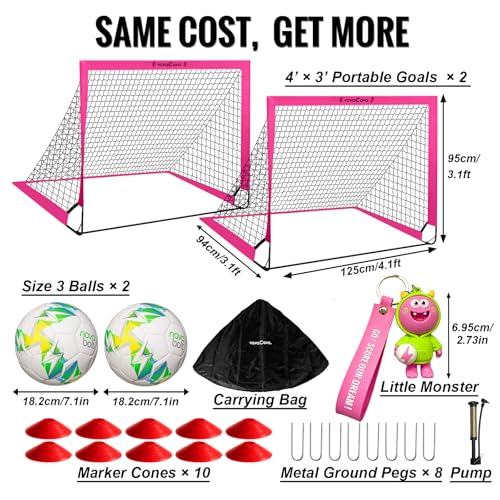 VavaCava 4'x3' Pink Kids Soccer Goal Set, 2 Portable Pop Up Soccer Goals for Backyard, 2 Size 3 Balls, 10 Cones, Pump, Carry Bag, Little Monster Keychain & SGS Certificate, Toddler Soccer Net