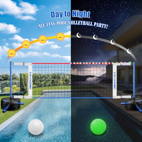 Pool Volleyball Net Set with Light,Adjustable Length 15-25FT，Swimming Pool Volleyball Net System with 2 Water Volleyballs and Heavy Duty Base.