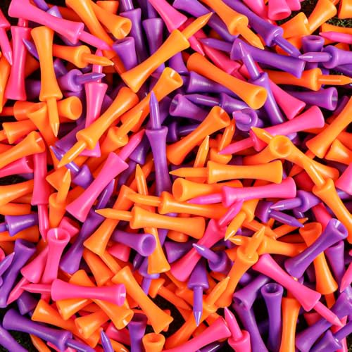 Amy Sport Golf Castle Tees Plastic Consistent Height 2 1/4 Inch Value 100 Pack, Unbreakable Step Down Reusable Tee for Par 3 Holes Practice in Orange Pink Purple - color: Mixed Color