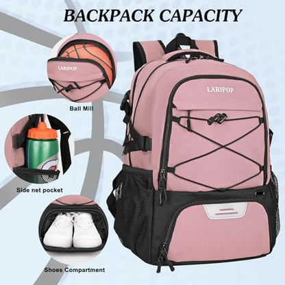 LARIPOP Basketball Backpack Large Basketball Bag with Ball Holder & Shoe Compartment for Youth Adults Men Women - color: Flesh Pink