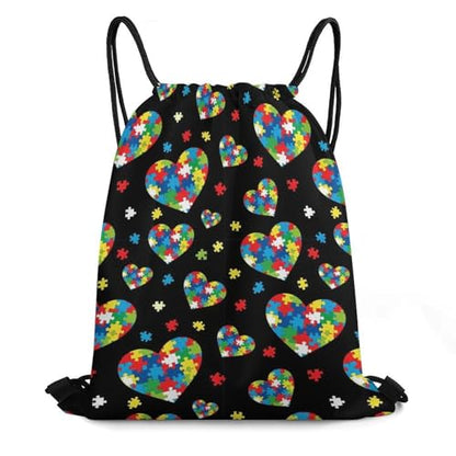 Sports Drawstring Bag Gym Sackpack Waterproof String Backpack for Running Training Fitness Men Women Unisex, Colorful Autism Awareness Puzzle Pieces Heart Bags - color: Picture (345)