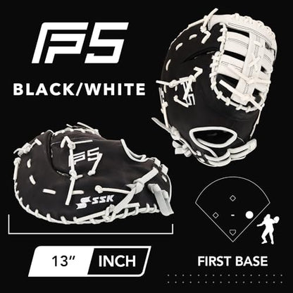 SSK FP5 Fastpitch Softball First Base Mitt 12.5” – 13” Right & Left Hand Throw Premium Full Leather Softball Glove - color: Black/White, size: 13" - Right Hand Throw
