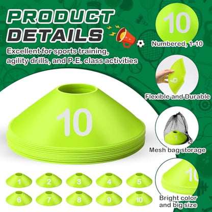 10 Pcs Numbered Sports Disc Cones 1-10 Soccer Cones with Mesh Carry Bag Flexible Agility Cones Soft Field Cones for Gym PE Classes School Activities Games, Sports Training Equipment - color: Green