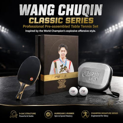 DHS Sports Wang Chuqin Classic Series Table Tennis Racket Set – Professional Ping Pong Paddle, Hurricane King 5+2AC Blade, Hurricane 3 Rubber, Heavy Spin & Fast Attack, Includes 3-Star Balls & Case