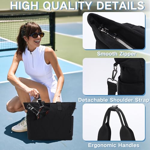 VASCHY Pickleball Tote Bags For Women With Fence Hook, Quilted Puffer Pickleball Paddle Holder Case Gym/Sports Tote - color: Black