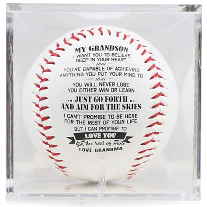 SYNGUCK Baseball Gift for Grandson-Clear Acrylic Display Case-Heartfelt Grandparents to Grandson Baseball with Inspirational Message - Perfect Birthday, Graduation Gift - style: Grandma to grandson