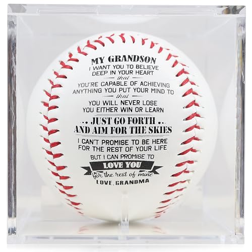 SYNGUCK Baseball Gift for Grandson-Clear Acrylic Display Case-Heartfelt Grandparents to Grandson Baseball with Inspirational Message - Perfect Birthday, Graduation Gift - style: Grandma to grandson