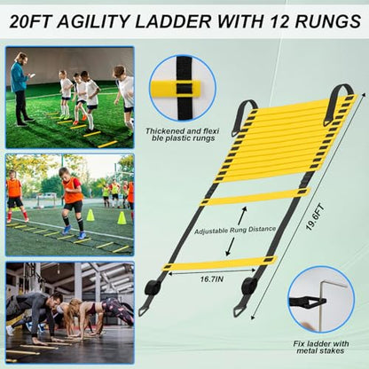 Speed Agility Training Equipment Set, Agility Ladder 20ft, 12 Football Cones, Resistance Parachute/Soccer Kick Trainer, Jump Rope, 5 Resistance Bands, Football Practice Equipment for Kids Adults - color: Set1 with Parachute