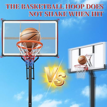 Heavy Duty Basketball Hoop Outdoor, 8-10ft Height Adjustable Basketball Goal System with Crank Handle, 44" Shatterproof PC Backboard & Spring Rim, Portable Basketball Hoop with Iron Base for Driveway