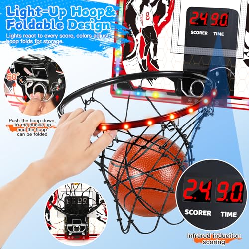 Indoor Basketball Hoop for Kids & Adults, Over The Door Mini Basketball Hoop with Remote Control Scoreboard, 6 LED Light Modes, Foldable Rim Sports Toys for Ages 8-13 Teen Boys Birthday Gifts