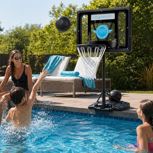 Play Platoon Swimming Pool Basketball Hoop Poolside Above Ground Games for Family - Backboard Adjustable Height 3-4 Feet, Includes PU Leather Basket Ball & Air Pump - Great for Inground Pool Deck