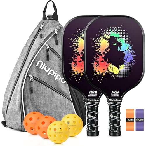 niupipo Pickleball Paddles Set of 2/4/1, USAPA Approved Carbon Fiber & Fiberglass Hybrid, Easy Power, Polypropylene Honeycomb Core, Cushioned 4.72" Grip, Bag/Cover, Pickleball Paddle Set for Men Women - color: Light Black*2