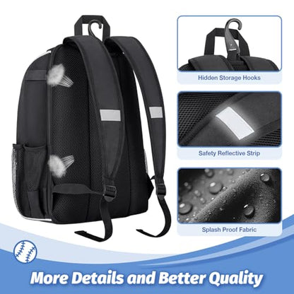 Youth Baseball Bag - Baseball Backpack Bat & Glove Holder, T-Ball & Softball Equipment & Gear,Large Main Compartment for Helmet & accessories, Fence Hook，Insulation Pocket - color: black